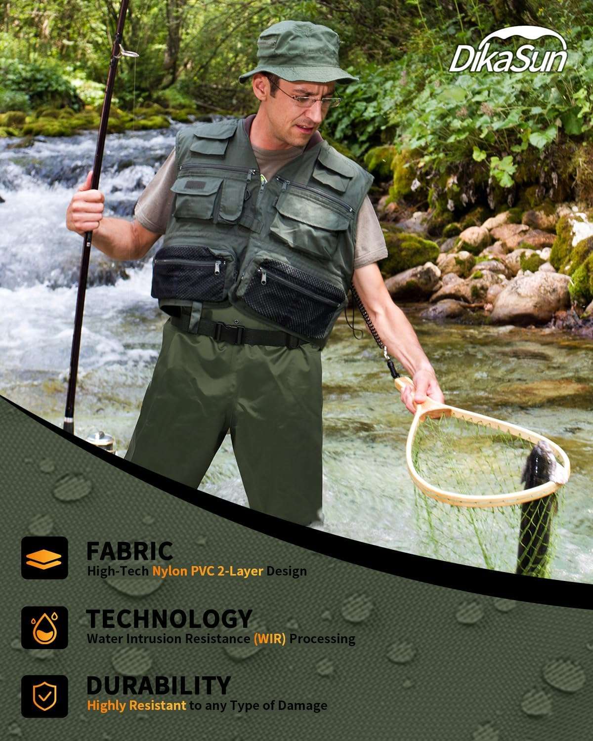DikaSun Chest Waders with Boots — Lightweight Bootfoot Waders for Men & Women, Duck Hunting & Fly Fishing (US Sizes, Dark Green)